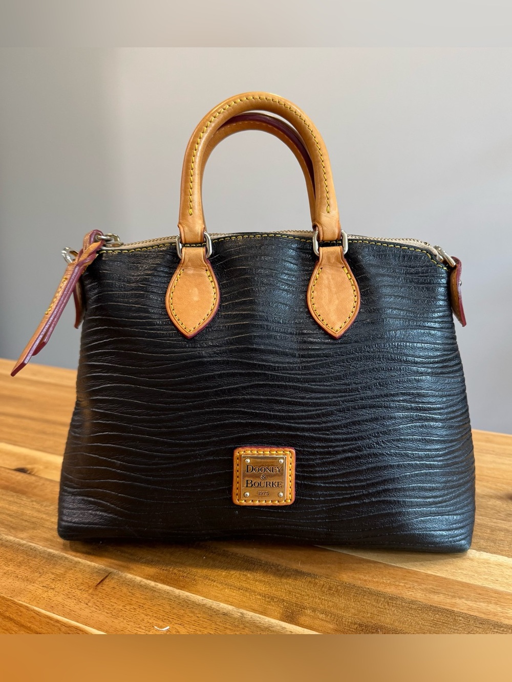 Dooney & Bourke Black Leather Satchel with Tan Accents - Picture 3 of 14